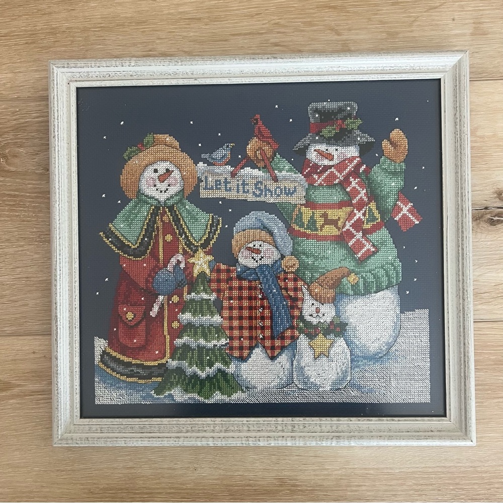 Vintage Holiday Snowman Family Art Needlepoint